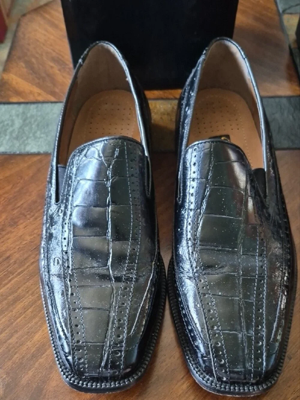 Mens Stacy Adams Black Croc-Embossed Leather Slip-On Loafers Size 9